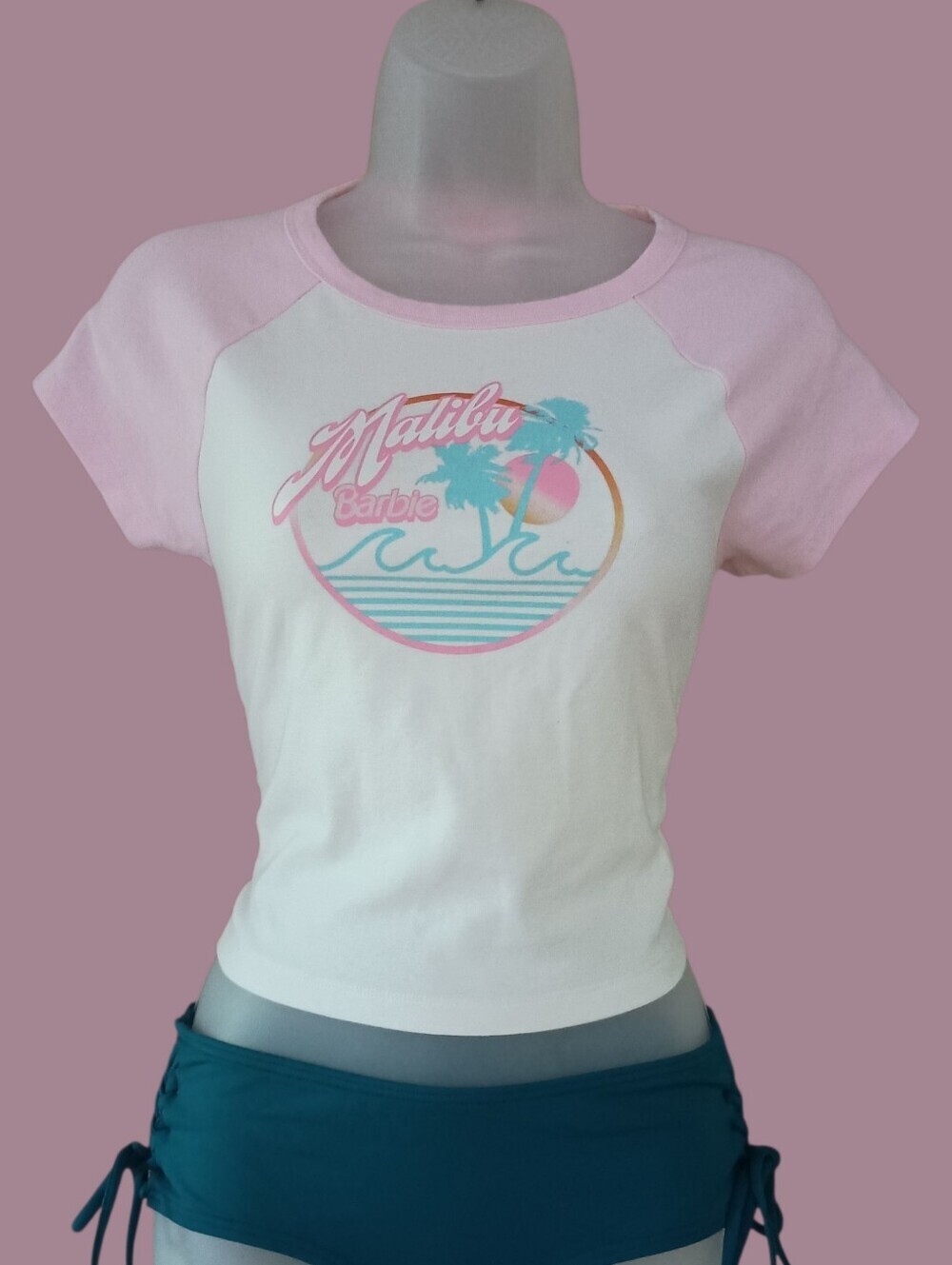 Forever 21 Barbie Pink & White Malibu Graphic Raglan Tee EUC Large